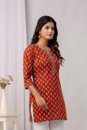 Rust Floral Printed Cotton Tunic (AM-BER3817)