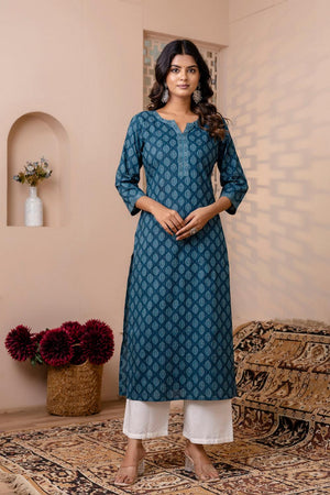 Turquoise Printed Cotton Kurti (AM-BER3818)