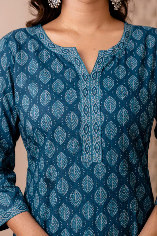 Turquoise Printed Cotton Kurti (AM-BER3818)