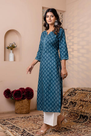 Turquoise Printed Cotton Kurti (AM-BER3818)