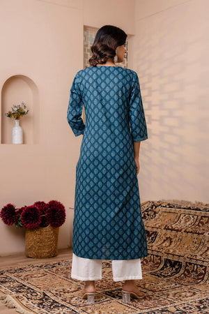 Turquoise Printed Cotton Kurti (AM-BER3818)