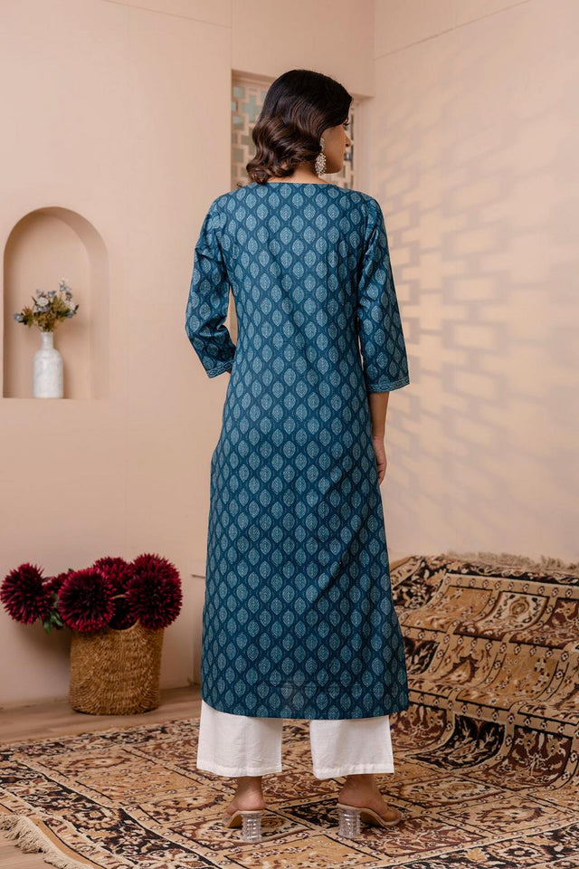 Turquoise Printed Cotton Kurti (AM-BER3818)