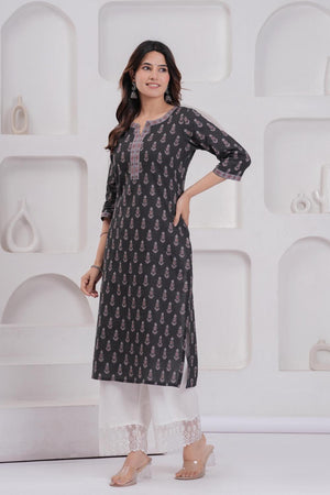 Black Floral Printed Cotton Kurti (AM-BER3824)