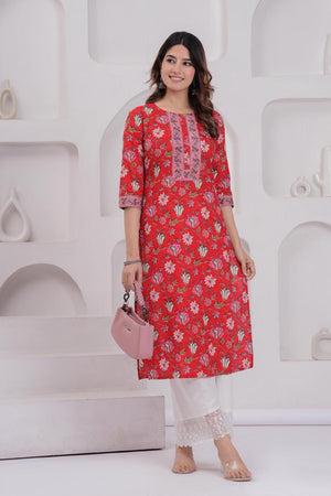 Red Floral Printed Cotton Kurti (AM-BER3826)