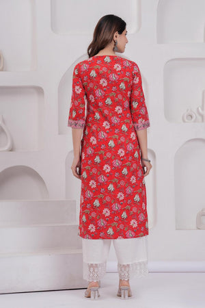 Red Floral Printed Cotton Kurti (AM-BER3826)