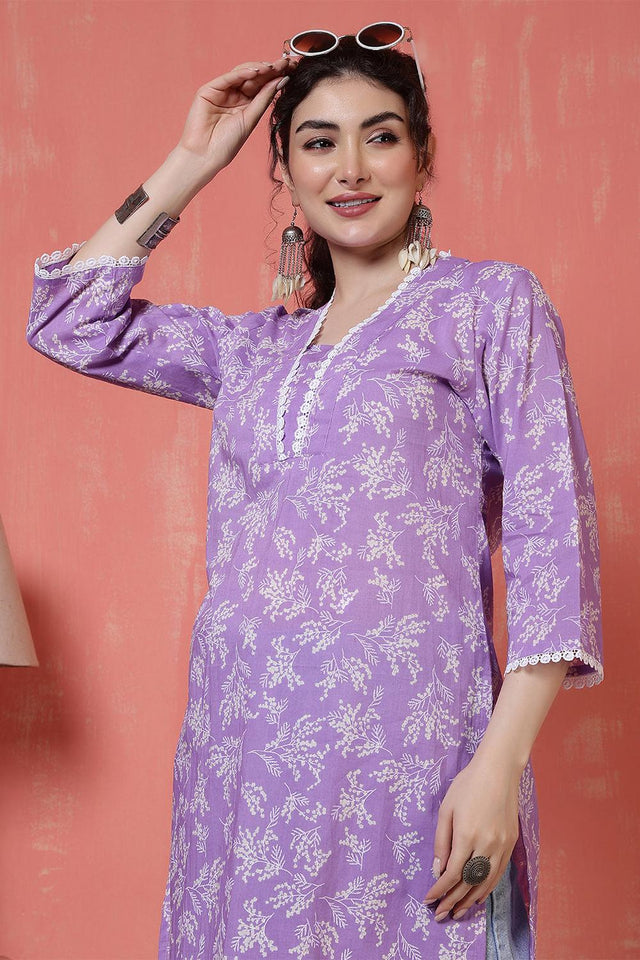 Violet Floral Printed Cotton Kurti (AM-BER3827)