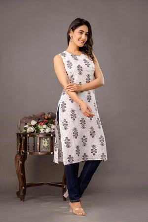 White Floral Printed Cotton Kurti (AM-BER3831)
