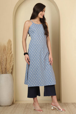 Blue Floral Printed Cotton Kurti (AM-BER3834)