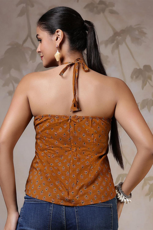 Mustard Floral Printed Cotton Top (AM-BER3842)