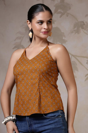 Mustard Floral Printed Cotton Top (AM-BER3842)