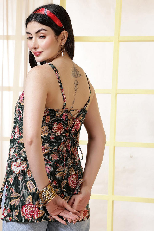 Green Floral Printed Cotton Tunic (AM-BER3856)