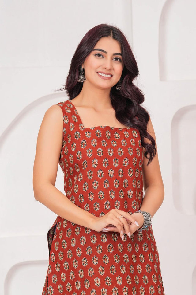 Rust Printed Cotton Kurti (AM-BER3867)