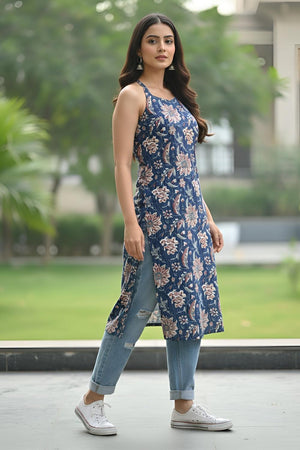 Blue Printed Cotton Kurti (AM-FBG0001)