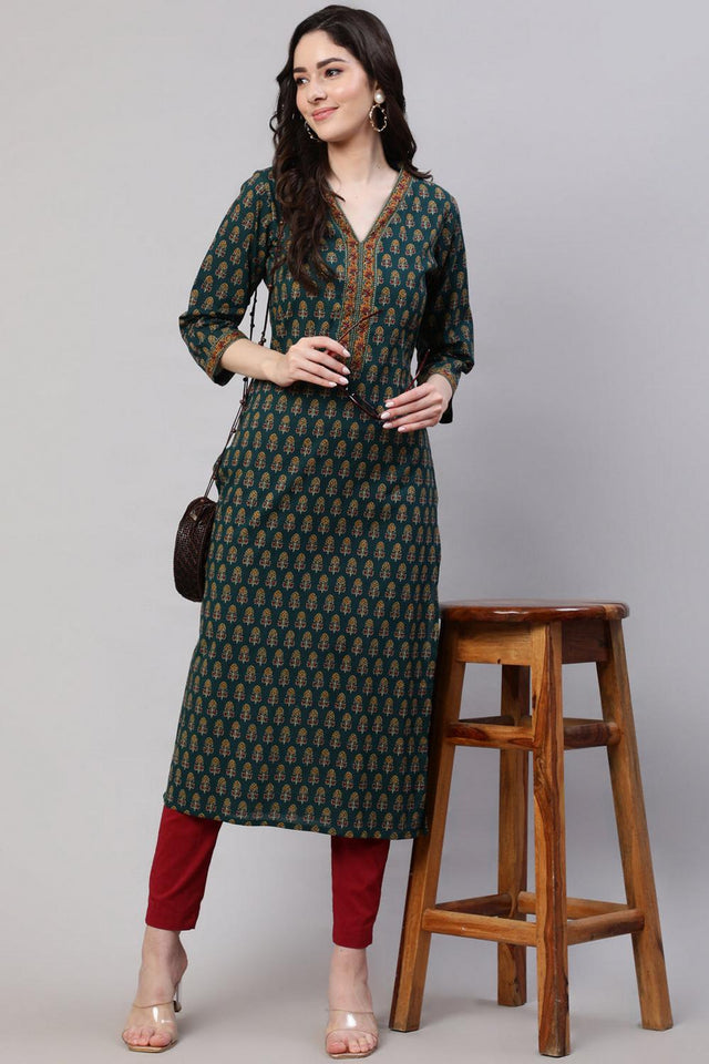 Green Printed Cotton Kurti (AM-HKS0614)