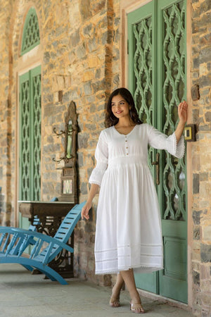 White Solid Cotton Dress (AM-HKS0677)