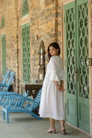 White Solid Cotton Dress (AM-HKS0677)