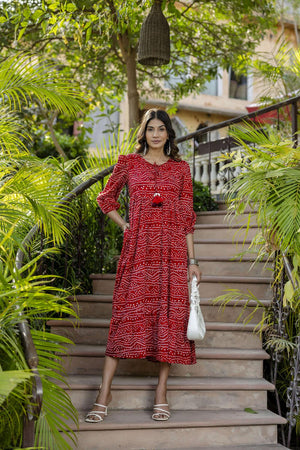 Red Printed Polyester Dress (AM-HKS0688)