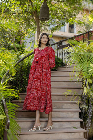 Red Printed Polyester Dress (AM-HKS0688)