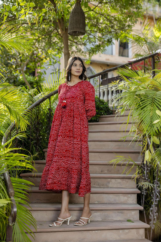 Red Printed Polyester Dress (AM-HKS0688)