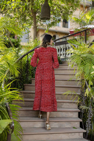 Red Printed Polyester Dress (AM-HKS0688)