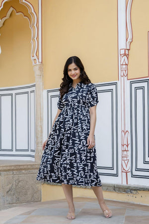 Black Printed Polyester Dress (AM-HKS0701)