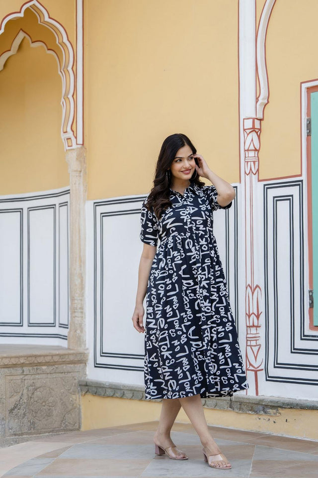 Black Printed Polyester Dress (AM-HKS0701)