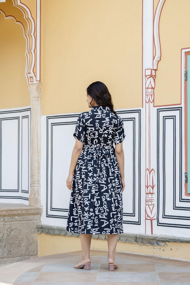Black Printed Polyester Dress (AM-HKS0701)