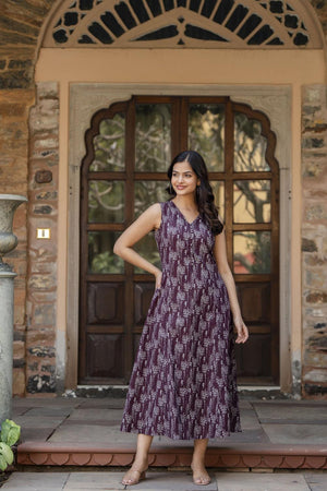 Maroon Printed Cotton Dress (AM-HKS0712)