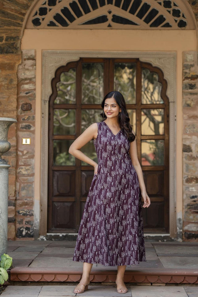 Maroon Printed Cotton Dress (AM-HKS0712)