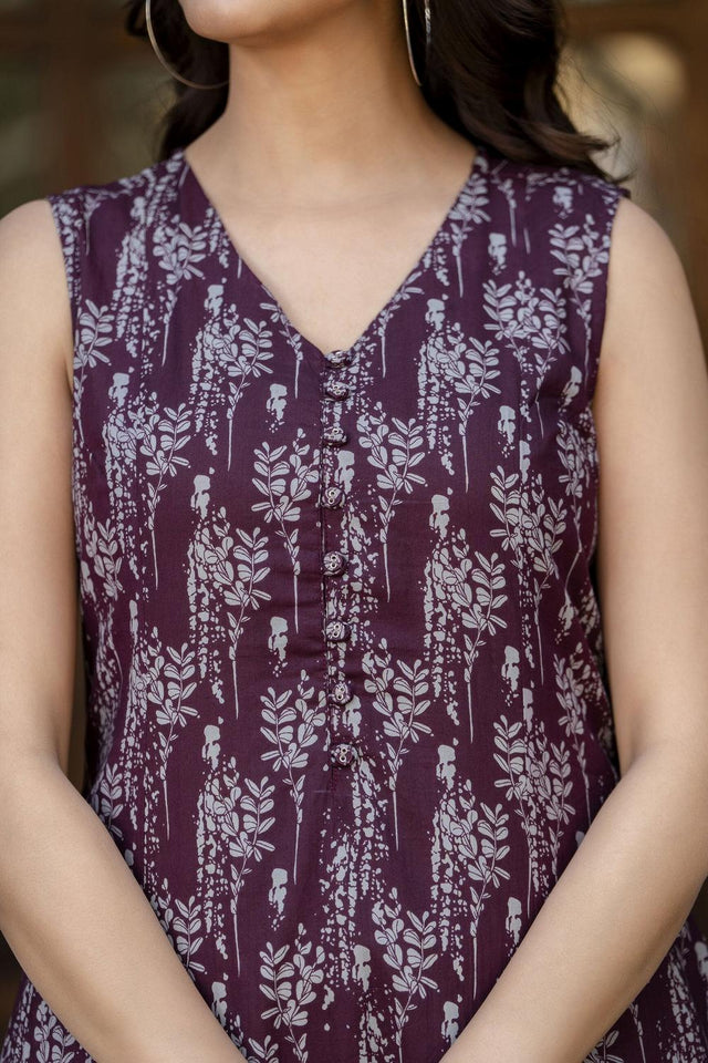 Maroon Printed Cotton Dress (AM-HKS0712)