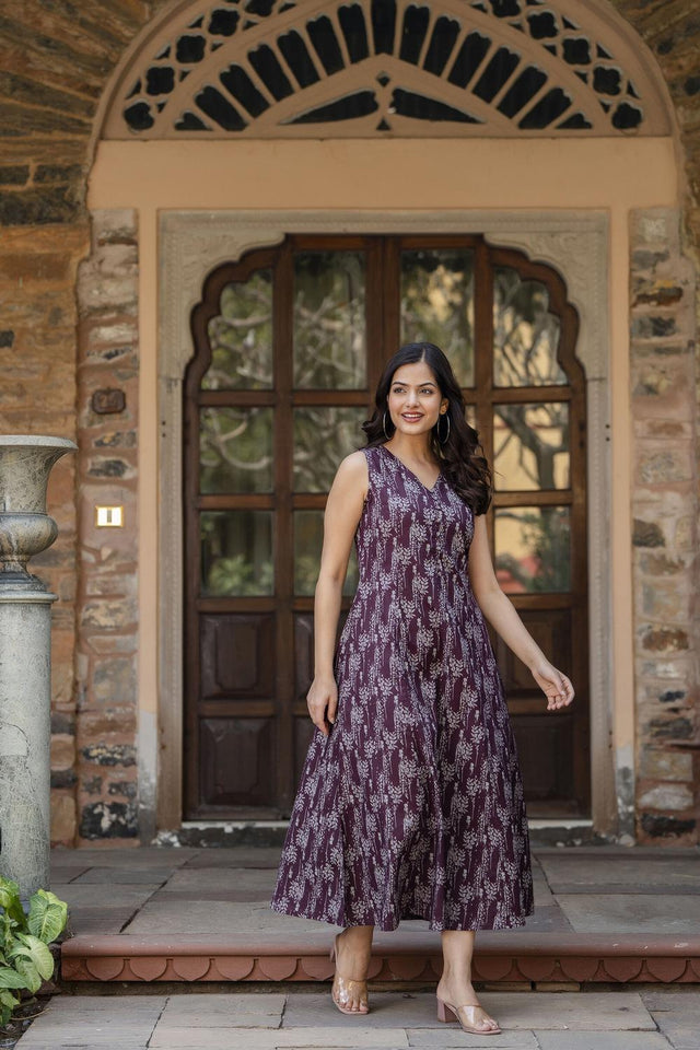 Maroon Printed Cotton Dress (AM-HKS0712)