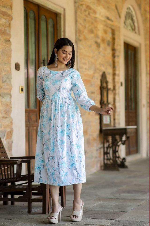 Off White Printed Cotton Dress (AM-HKS0723)