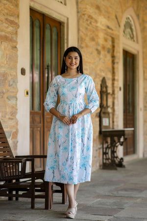 Off White Printed Cotton Dress (AM-HKS0723)