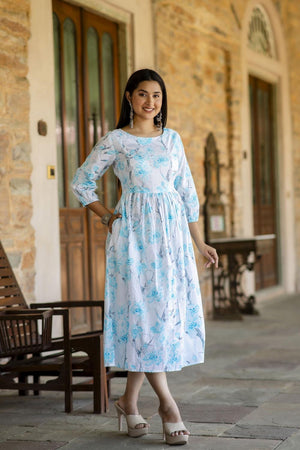Off White Printed Cotton Dress (AM-HKS0723)