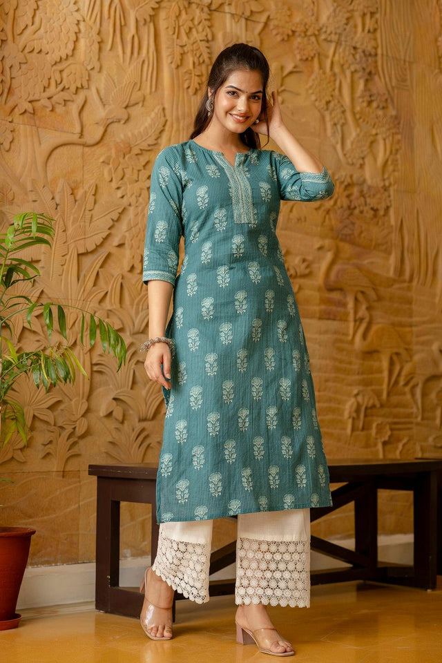 Turquoise Floral Printed Cotton Kurti (AM-HKS0755)
