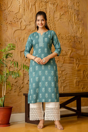 Turquoise Floral Printed Cotton Kurti (AM-HKS0755)
