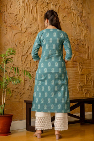 Turquoise Floral Printed Cotton Kurti (AM-HKS0755)