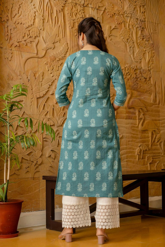 Turquoise Floral Printed Cotton Kurti (AM-HKS0755)