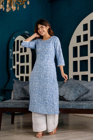 Blue Printed Cotton Kurti (AM-HKS0759)