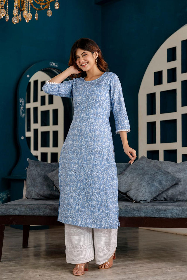 Blue Printed Cotton Kurti (AM-HKS0759)