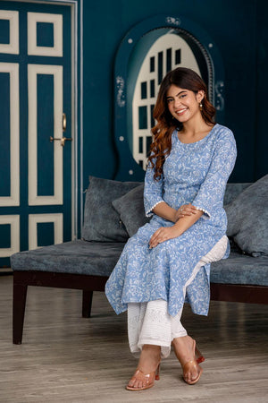 Blue Printed Cotton Kurti (AM-HKS0759)