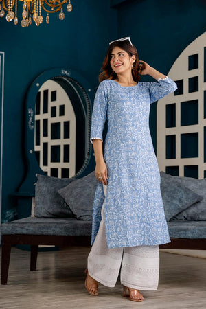 Blue Printed Cotton Kurti (AM-HKS0759)