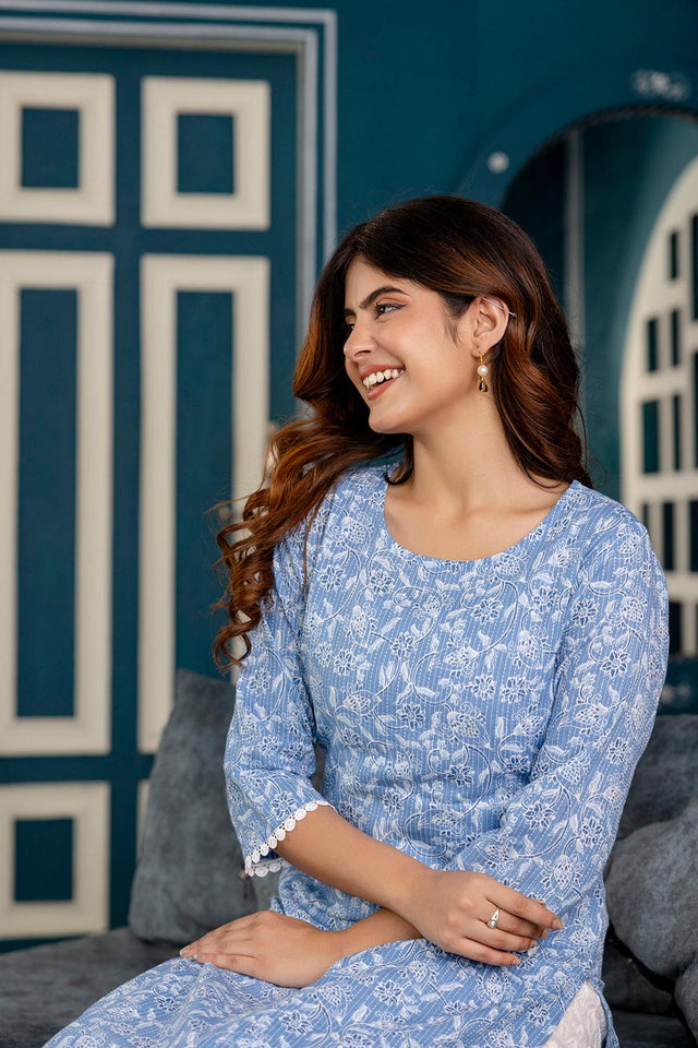 Blue Printed Cotton Kurti (AM-HKS0759)