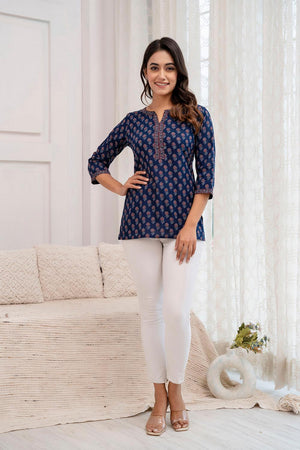 Blue Printed Cotton Tunic (AM-HKS0856)