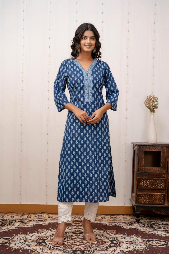 Blue Printed Cotton Kurti (AM-HKS0904)