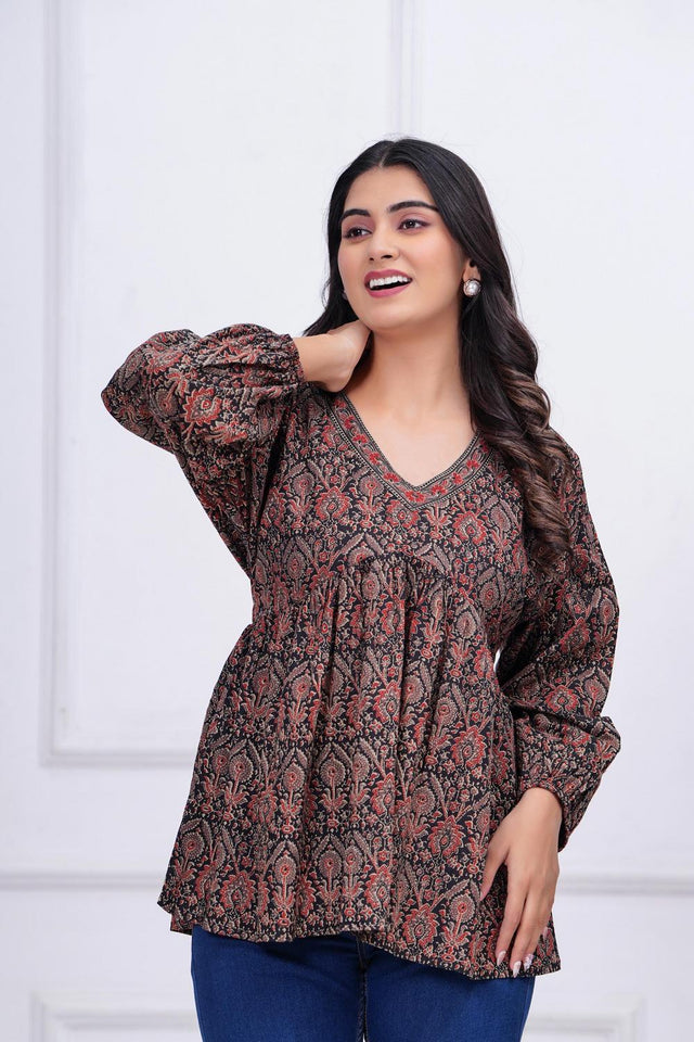 Black Printed Cotton Top (AM-HKS0950)