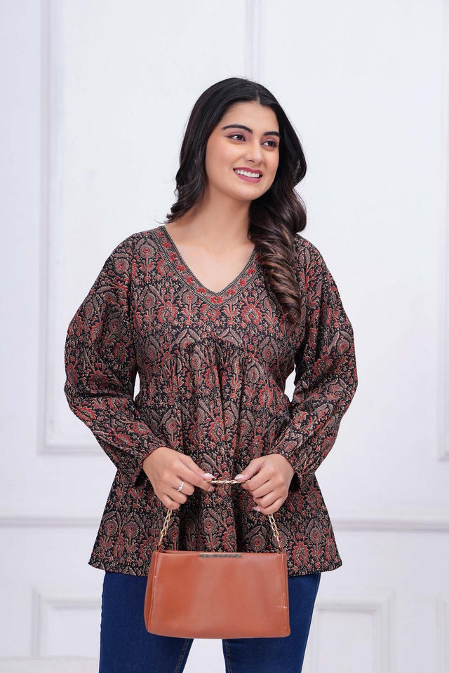 Black Printed Cotton Top (AM-HKS0950)