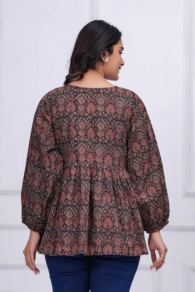 Black Printed Cotton Top (AM-HKS0950)