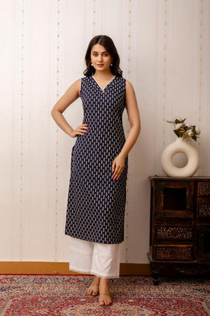 Navy Blue Printed Cotton Kurti (AM-HKS0959)