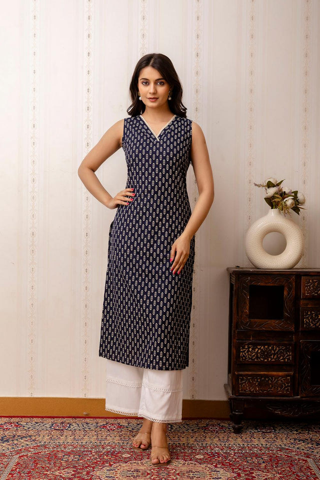 Navy Blue Printed Cotton Kurti (AM-HKS0959)